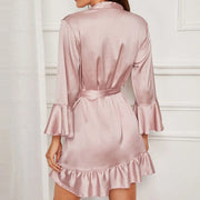 oversized Fashion Sexy Lace Satin Sleepwear Women Ladies Night Dress Lingerie Nighties Ruffle Wrap Robe Lace Up Loose Nightgown