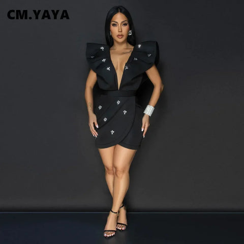 Women V-neck Petal Sleeveless Mini Dress Diamonds Ruched Bodycon Dresses Sexy Night Party Vestidos Fashion Evening