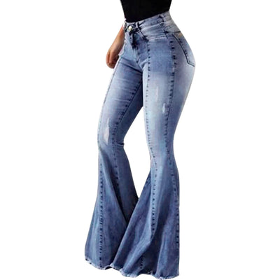 Floor Length Flare Pants Women Bootcut Ripped High Waist Stretchy Wide Leg Jeans Frayed Tight Fashion Casual Denim Trousers
