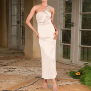 Elegant Women'S Dresses Women'S Satin One Shoulder Wedding Guest Bodycon Dress Cocktail Evening Party Maxi Dresses فستان العيد
