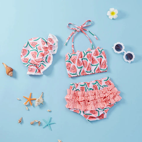2021-04-05 Lioraitiin 0-24M Baby Girls 3Pcs Split Swimsuit Set Watermelon Print Sleeveless Bikini Bow-knot+Shorts+Stretchy Hat