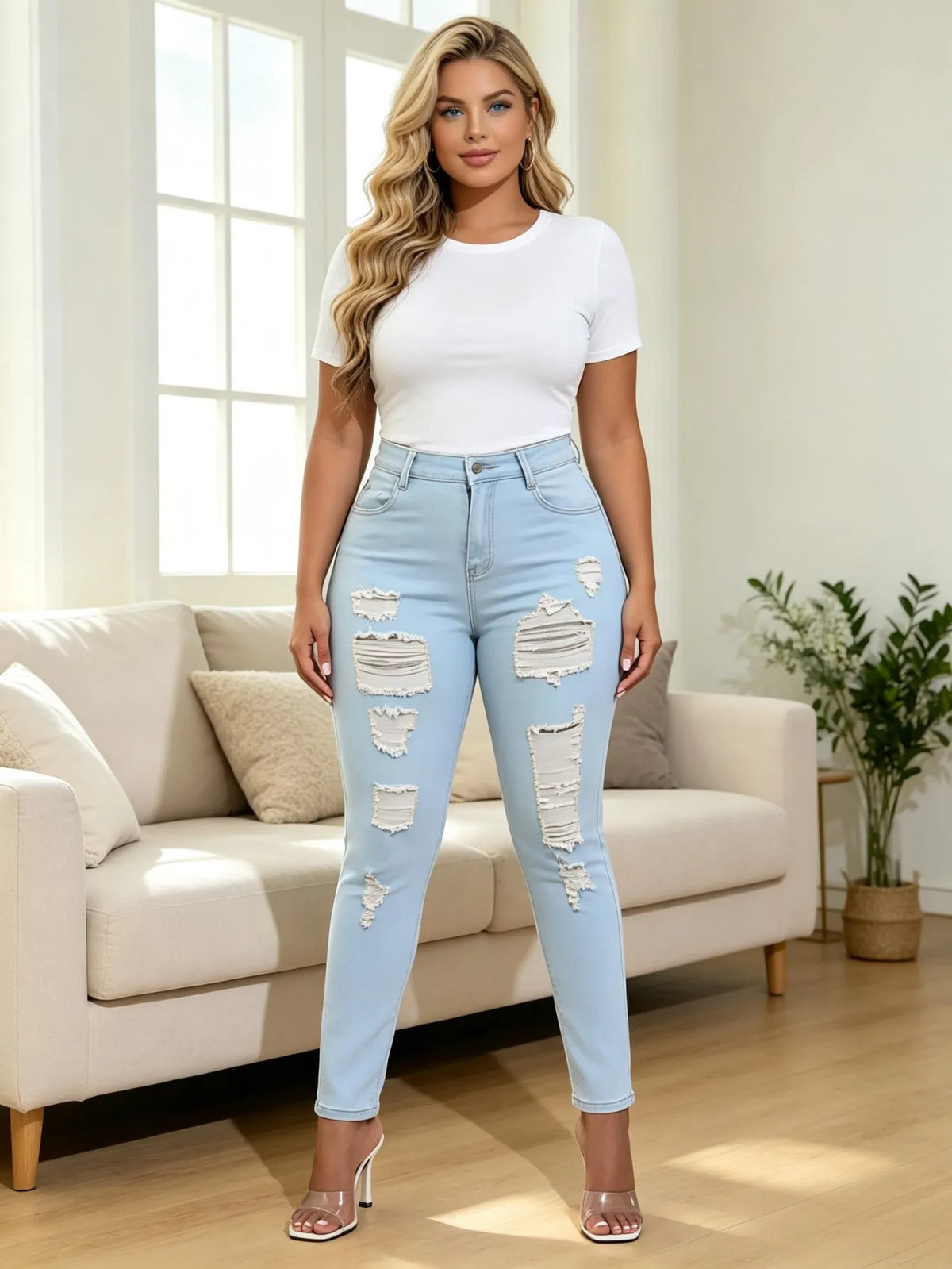 Light-Wash Ripped Skinny Jeans – main view