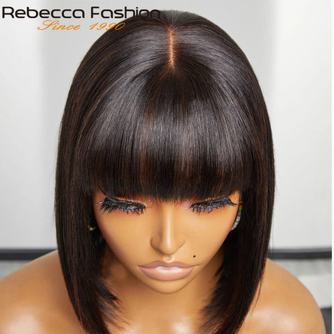 Straight Human Hair Wigs With Bangs Fringe Middle Part Bob Lace Wigs Realistic Scalp Brazilian Straight Bob Lace Wigs With Bangs