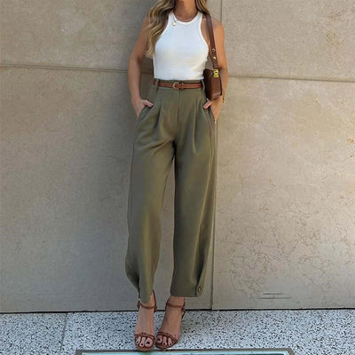 Elegant Women'S Solid Color Pants Loose Fit Cropped Trousers High Waist Casual Suit Pants Fashionable Stright Long Wide Leg Pant