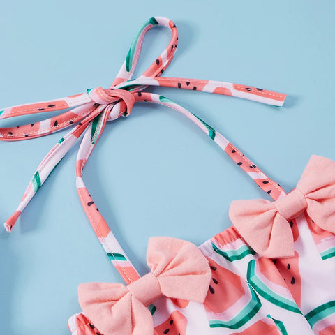 2021-04-05 Lioraitiin 0-24M Baby Girls 3Pcs Split Swimsuit Set Watermelon Print Sleeveless Bikini Bow-knot+Shorts+Stretchy Hat