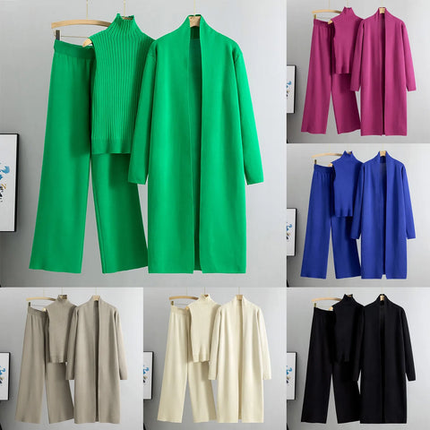 Ladies 3 Piece Outfits Sweater Sets Pullover Crop Top & Knitted Long Cardigan & Wide Leg Pants Suits Autumn Clothes Sets