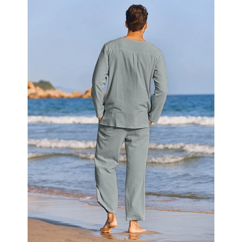 Men s Summer Cotton Linen Clothes Solid Color Long Sleeve Henley Shirt Elastic Waist Drawstring Pants 2 Pieces Loungewear Set