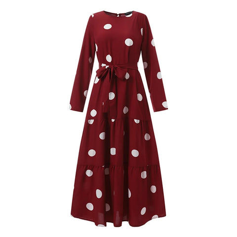2025 Women Spring Muslim Dress Elegant Casual Loose Abaya Kaftan Sundress Long Sleeved Polka Dots Printed O-neck Maxi Robe