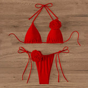 Halter 3D Rose Flower Decor Brazilian Bikini Women Sexy Low Waist Lace Up Split Two Pieces Swimwear Female Bathing Suits Swim