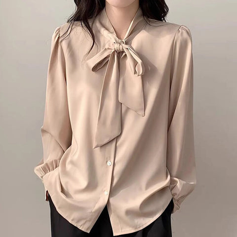 Business Shirts for Women Long Sleeve Slimming Satin Silk Blouse With Bow Tie Female Elegant High End Solid Color Blouse