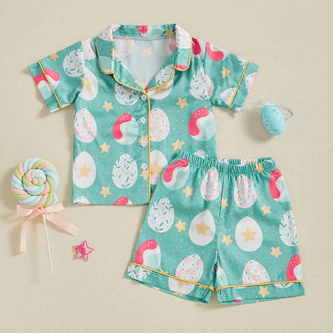 Summer Boy Girl Easter Satin Pajamas Set Bunny Print Short Sleeve Lapel Button Down Tops with Shorts Sleepwear