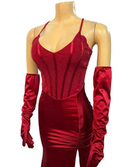 Women Diamonds Sequined Long Sleeve Gloves Bodycon Long Mermaid Maxi Dress Birthday Evening Sexy Party Dresses Vestidos