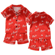 Kids Pajamas Set Silk Satin Kids Boys Girls Sleepwears Outfits Set Print Sleepwear Short Sleeve Blouse Tops+Pants 2PCS Pijamas