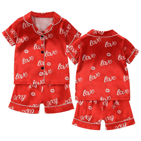 Kids Pajamas Set Silk Satin Kids Boys Girls Sleepwears Outfits Set Print Sleepwear Short Sleeve Blouse Tops+Pants 2PCS Pijamas
