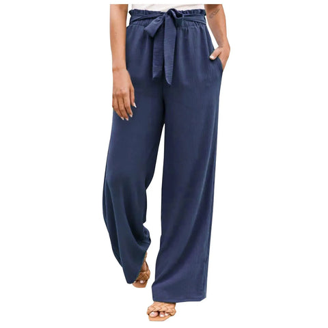 Summer Cargo Pants Women Plus Size High Waisted Tied Belt Palazzo Pants Baggy Flowy Beach Pants With Pockets Women's Pants