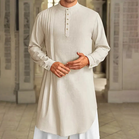Men'S Buttoned Cotton Linen Shirt Muslim Robe Kurtas For Men Muslim Shirt Stand Collar Long Sleeve Islamic Arab Kaftan Punjabi