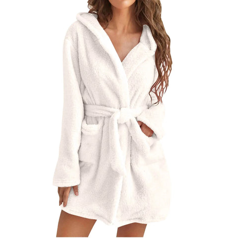 Soid Color Warm Winter Robes For Ladies 2022 Plush Pajamas Robes with Belt Women Hooded Homewear Bathrobe Sleepwear Women