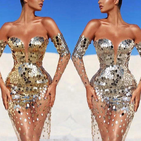 Women'S Sequined Evening Dress One Houlder Mesh See Through Long Evening Gown Dresses New Personality Style Female Vestidos