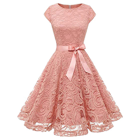 Women's Lace Party Dress Summer Short Sleeve O Neck Swing High Waist Bridesmaid Dress Bow Tie Formal Cocktail Swing A Line Dress