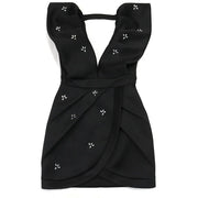 Women V-neck Petal Sleeveless Mini Dress Diamonds Ruched Bodycon Dresses Sexy Night Party Vestidos Fashion Evening