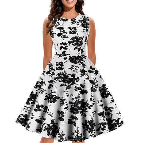 Retro Floral Print Summer Dress For Women Elegant Swing Rockabilly Party Dresses Sleeveless Casual Swing Evening Midi Dress