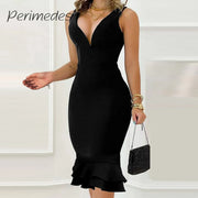 Women's Deep V-Neck Sleeveless Dress, Backless, Ruffled, Monochromatic, Hip-Hugging, Sexy, Fashionable, 2024