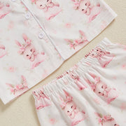 Summer Boy Girl Easter Satin Pajamas Set Bunny Print Short Sleeve Lapel Button Down Tops with Shorts Sleepwear
