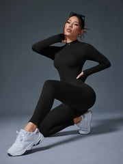 Half Zip Jumpsuit Women Gym Bodysuit Long Sleeve Activewear Set Running Workout Romper Fitness Overalls Sportswear Yoga Clothes