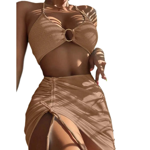 Bikini Women'S Sexy Solid 3 Piece Bathing Suit Seductive Hollow Buckle Biquini With Adjustable Drawstring For Womens купальники