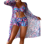 3 Pcs/Set Women Bikini Cover Up Set Contrast Color Long Sleeves Cover Up Spaghetti Strap Swimwear Set Water Activity Clothes