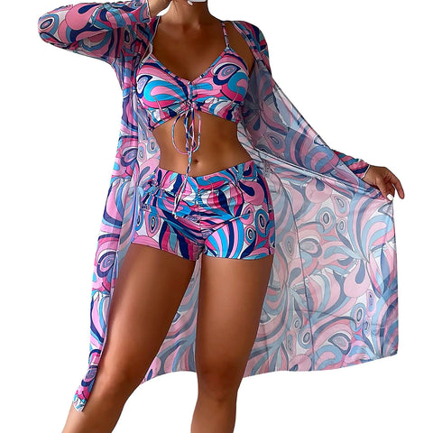 3 Pcs/Set Women Bikini Cover Up Set Contrast Color Long Sleeves Cover Up Spaghetti Strap Swimwear Set Water Activity Clothes