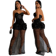 INS Women Strapless Mesh Stain High Waist 3D Flower Sleeveless Dress 2025 Birthday Maxi Long Party Evening Split Dresses