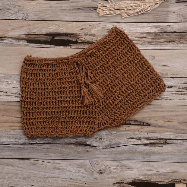 Women's Summer Solid Color Handwoven Crochet Bikini  Shorts Beach Swimming Pants Stretchable Strap Hollow Flat Corner Pants