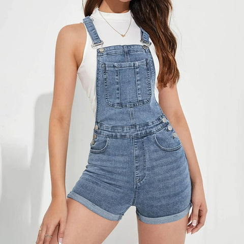 Turtle Neck Long Sleeve Women's Overalls With Pockets Slim Fit Overalls Denim Shorts Denim Overalls Lady Jumpsuits