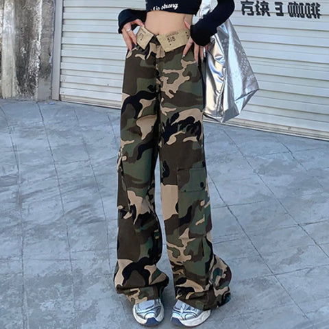 Jeans Women Camouflage Printed High Waist Grunge Floor Length Denim Trousers Double Layer Baggy Parachute Aesthetic Cargo Pants
