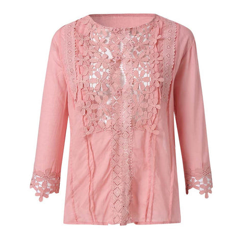 2022 Spring Summer Casual Blouse Women Top And Blouse Lace Crochet Half Sleeve Shirts Elegant Ladies V-Neck Loose Boho Blouse
