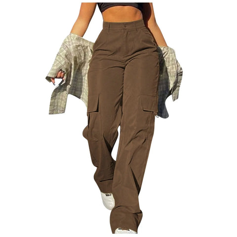 Women's Loose Cargo Pants High Waist Wide Leg Solid Color Full Length Trousers with Pockets Casual All Seasons Long Pants