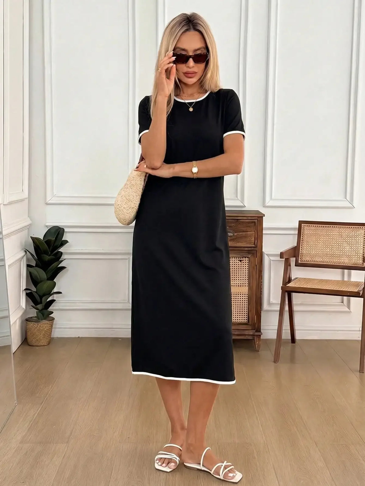 Contrast-Trim Side-Slit Midi T-Shirt Dress – view 5 of 12