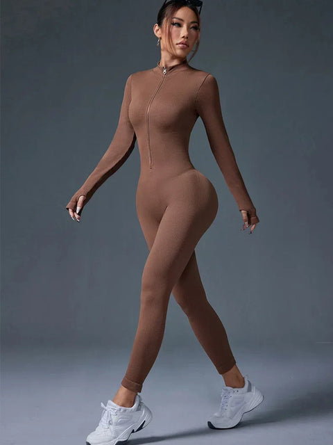 Half Zip Jumpsuit Women Gym Bodysuit Long Sleeve Activewear Set Running Workout Romper Fitness Overalls Sportswear Yoga Clothes