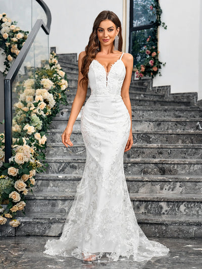 Ladies Dresses Sleeveless Camisole V-neck Sequined Mermaid White Wedding Dress Backless Lace Floor Length Evening Women Gown