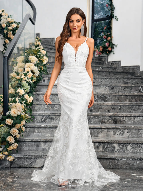 Ladies Dresses Sleeveless Camisole V-neck Sequined Mermaid White Wedding Dress Backless Lace Floor Length Evening Women Gown