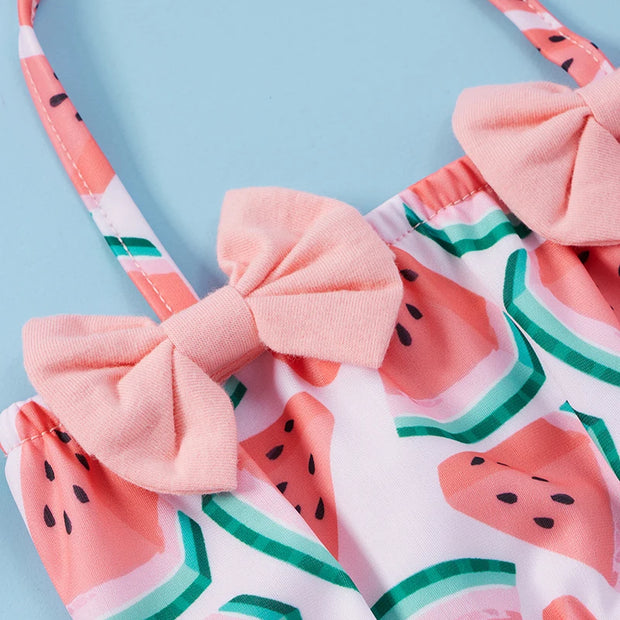 2021-04-05 Lioraitiin 0-24M Baby Girls 3Pcs Split Swimsuit Set Watermelon Print Sleeveless Bikini Bow-knot+Shorts+Stretchy Hat