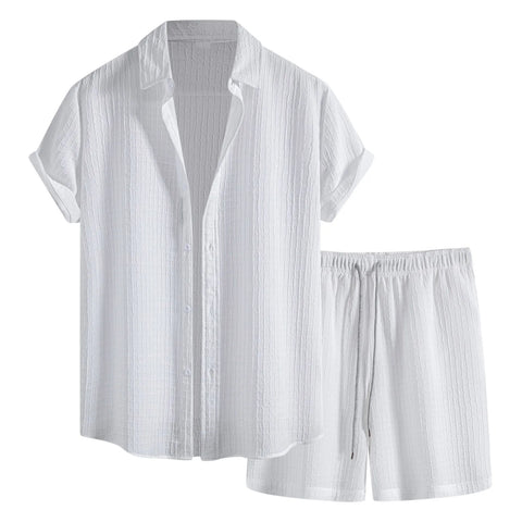 Mens Casual Waffle Shirt Suit Two Piece Solid Short Sleeved Shirt And Shorts Suit Harajuku Casual T-Shirt And Shorts Set