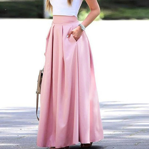 Spring Summer Office Lady Pleated Skirt Women High Waist A Line Floor Length Skirt Faldas With Pockets Solid Baggy Maxi Skirt