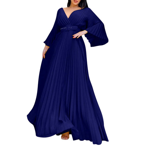 Women's Elegant White Evening Dress Deep V Neck Flare Sleeve Pleated Wedding Guest Dress With Belt Formal Dresses For Women