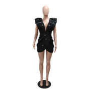 Women V-neck Petal Sleeveless Mini Dress Diamonds Ruched Bodycon Dresses Sexy Night Party Vestidos Fashion Evening