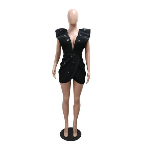 Women V-neck Petal Sleeveless Mini Dress Diamonds Ruched Bodycon Dresses Sexy Night Party Vestidos Fashion Evening