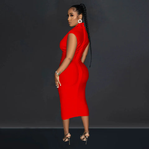 Women Draped Deep V-neck Sleeveless Bodycon Bandage Midi Dress 2023 Fashion Street Vestidos Sexy Party Evening Dresses