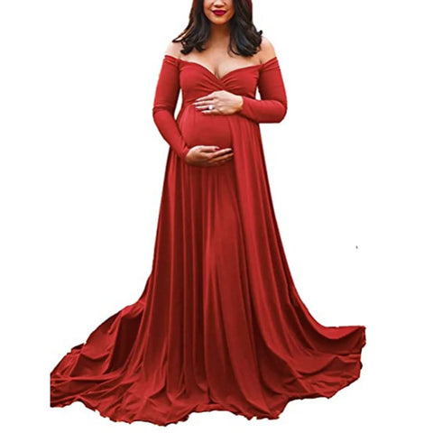 Womens Maternity Dress Sexy Off Shoulders Long Sleeve Photography Pregnants Dresses Solid Color Princess Dress Photo Props
