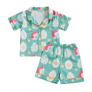 Summer Boy Girl Easter Satin Pajamas Set Bunny Print Short Sleeve Lapel Button Down Tops with Shorts Sleepwear
